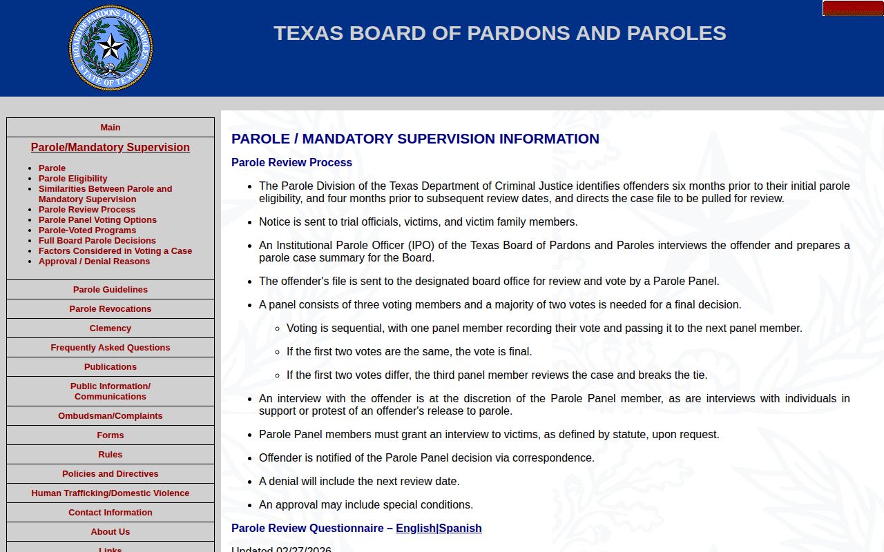 Callahan County parole review process on the Texas Board of Pardons and Paroles site